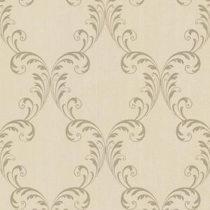 Papel de parede bege com motivo ornamental dourado, 