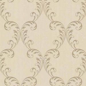 Papel de parede bege com motivo ornamental dourado,