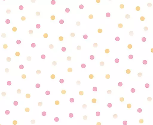 Papel de Parede com bolinhas coloridas - poá, amarelo, rosa, salmão e fundo branco.