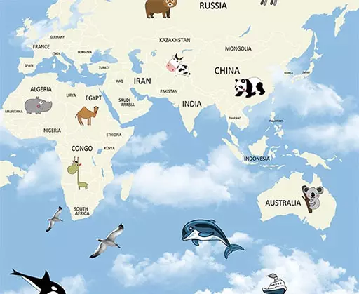 Papel de Parede Mapa-Mundí com bichinhos - animais de cada páis.