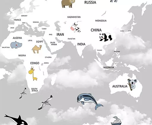 Papel de Parede Mapa-Mundí com bichinhos - animais de cada páis, cor cinza