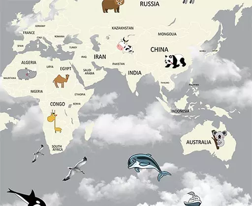 Papel de Parede Mapa-Mundí com bichinhos - animais de cada páis, cor cinza