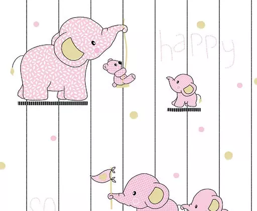 Papel de Parede listrado com elefantes na cor rosa e fundo branco,