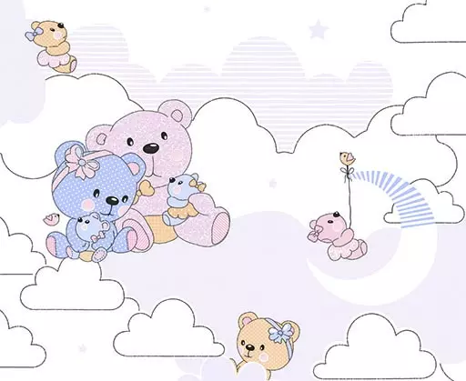 Papel de Parede Ursinho cor de rosa e lilás nas nuvens brancas.