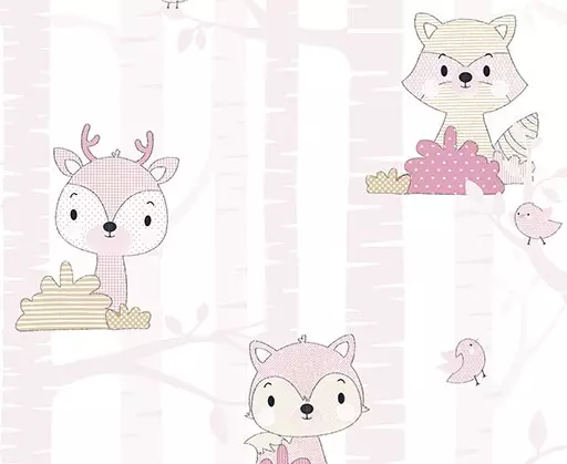 Papel de Parede bichinhos nas árvores cor rosa e bege.