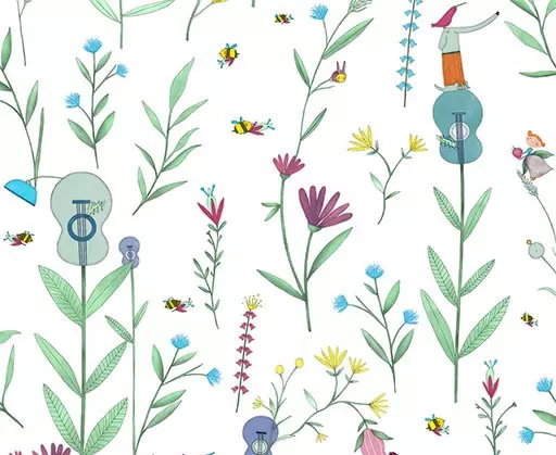 Papel de Parede com flores em forma de violão, cor verde.