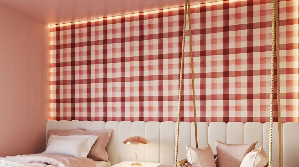 Papel de Parede infantil com estampa de vichy xadrez quadriculado vermelho, rosa e branco